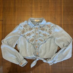 Chelsea & Violet denim crop button up with embroidery detail